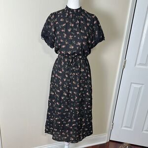 MAX+ASH S Black Gathered Mock Neck Rose Floral Short Sleeve Lace Detail Dress